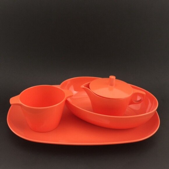 5 Piece MCM Coral Dorchester Dinnerware Cyanamid Canada Melmac Set Tray Vintage - Picture 1 of 16